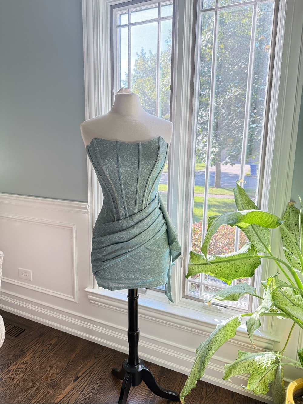 Strapless Green/Blue Glitter Draped Mini Dress